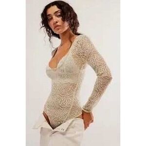 Intimately Free People Lace Bodysuit Long Sleeve Sheer Green S